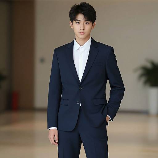 Photograph of an Asian male model with short black hair, wearing a black suit and white shirt, standing confidently in a blurred, modern indoor space.