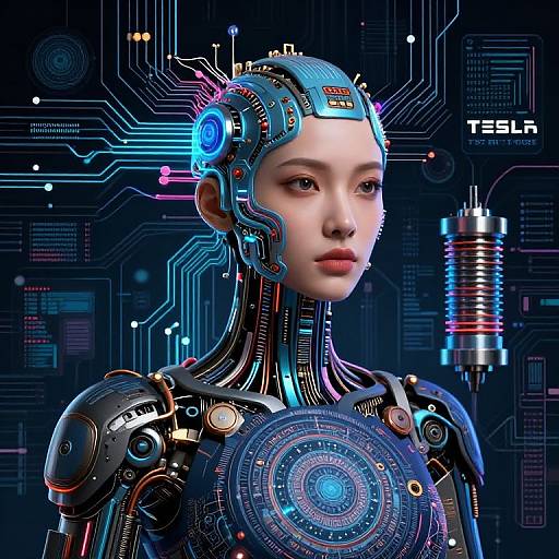 CGI cyberpunk portrait of a serene, futuristic woman with a metallic headpiece and glowing blue and pink circuits, set against a neon-lit circuit