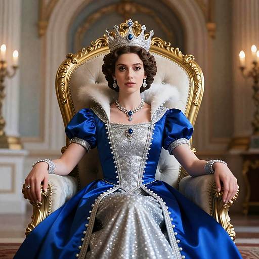 Regal Queen in Blue and Silver Gown on Throne