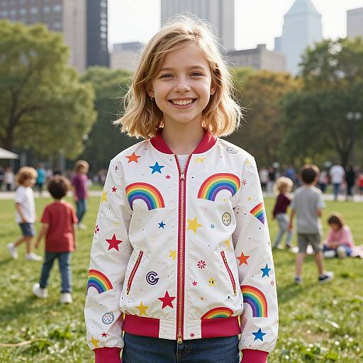 Photograph of a smiling young girl with shoulder-length blonde hair, wearing a white jacket with colorful rainbows and stars, standing in a sunny park with