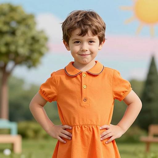 Playful Boy in Vibrant Orange Dress