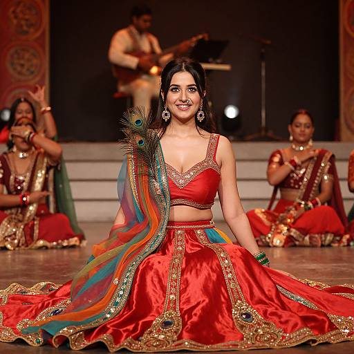 Photograph of an Indian bridal fashion show: a smiling woman with dark hair, red embroidered outfit, peacock feather saree, center stage, surrounded