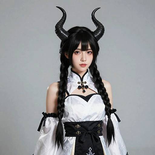 Photograph of an Asian woman in cosplay with black horns, braided hair, white and black dress, black ribbon details, and gray background.