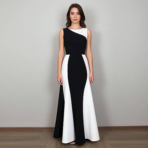 Woman in Elegant Black and White Dress