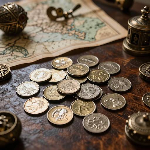 Photograph of scattered silver coins on a dark wooden table, with a vintage map and ornate silver containers in the background.