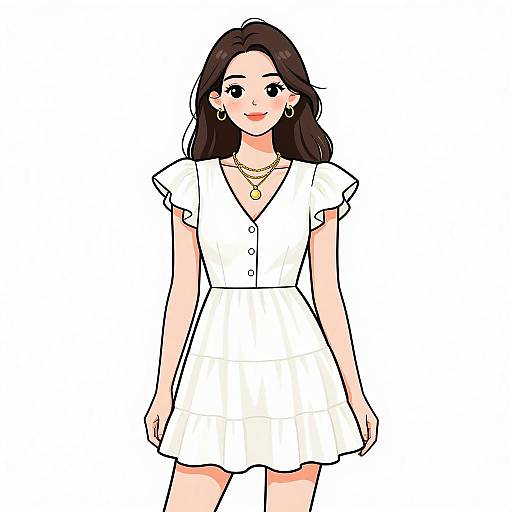 Digital illustration of a smiling woman with long dark hair, wearing a white dress, gold hoop earrings, and layered necklaces, against a white background.