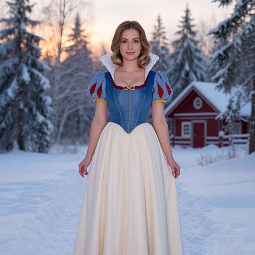 Photograph of a young woman with light brown hair in a Snow White costume, standing in a snowy forest with a red cabin at sunset.