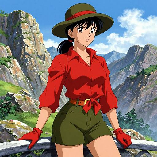 Anime-style illustration of a confident woman with black hair in a green hat, red shirt, and olive shorts, standing against a mountainous, rocky landscape