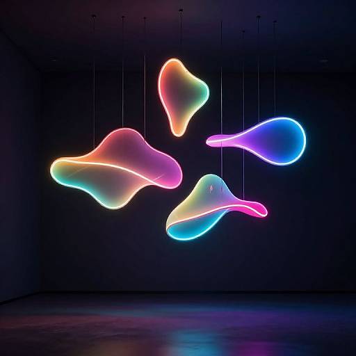 Neon light sculpture of four abstract, colorful shapes hanging in a dark gallery space, glowing in pink, blue, green, and orange.