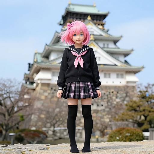 Digital anime-style drawing of a pink-haired girl in a black sailor uniform and plaid skirt, standing in front of a traditional Japanese castle.