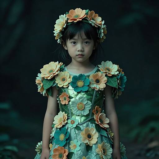 Photograph of a young Asian girl with dark hair, wearing a flower-adorned dress and headpiece, standing in a dark forest.
