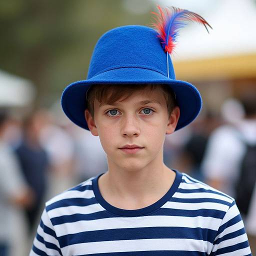Photograph of a young boy with blue hat, red and blue feather, wearing black and white striped shirt, standing in blurred outdoor crowd.