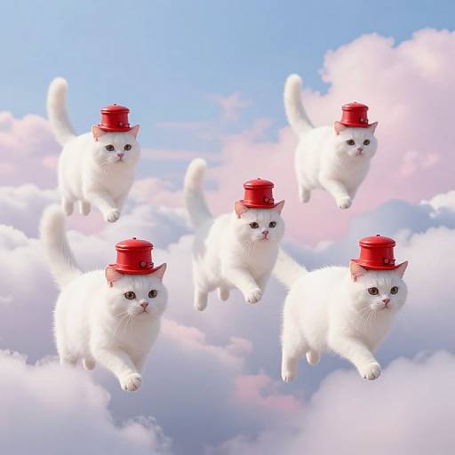 Whimsical Cats Floating in Dreamy Sky