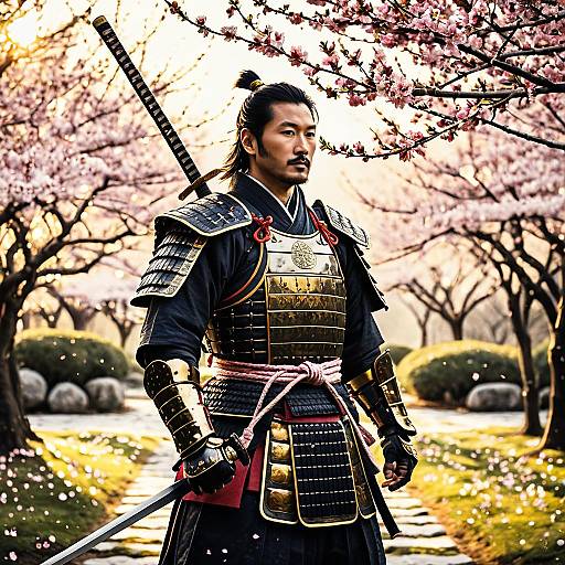 Asian Samurai Warrior in Cherry Blossom Garden