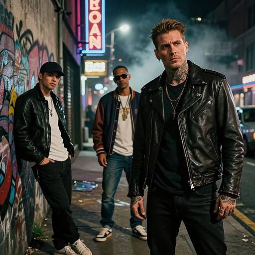 Photograph: Night urban street scene with three tattooed men in black leather jackets, one in front, two in background, neon 