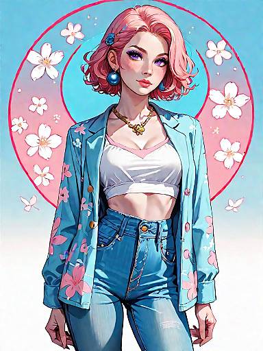 Chic Woman in Bright Floral Outfit