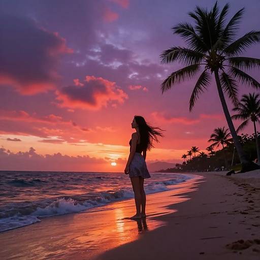 Silhouetted woman in a sundress stands on a tropical beach at sunset, palm trees, vibrant orange and purple sky, waves gently touching the