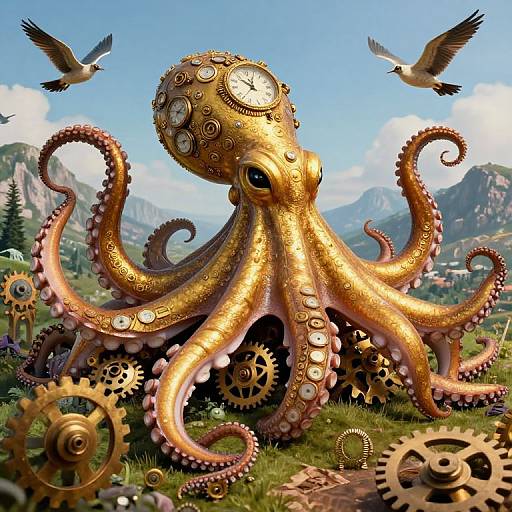 Digital art of a golden clockwork octopus with gears on its tentacles, set in a lush, mountainous landscape with birds flying. Clock faces