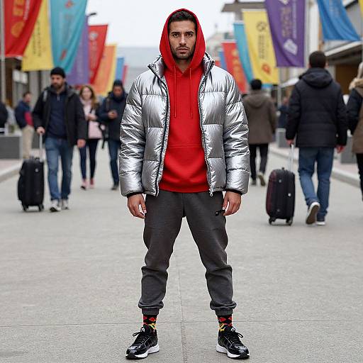Photograph of a young man with medium build, dark skin, short black hair, wearing a red hoodie, silver puffer jacket, black pants,