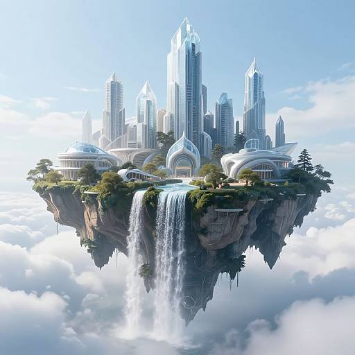 Photorealistic CGI of a futuristic floating city with towering skyscrapers, cascading waterfall, lush greenery, and cloud-covered sky backdrop.