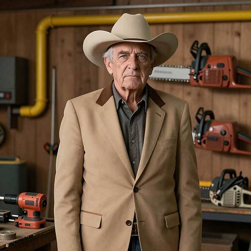 Serious Elderly Man in Cowboy Hat in Workshop