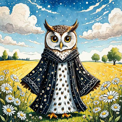 Cartoon Owl in Robe in Daisy Field