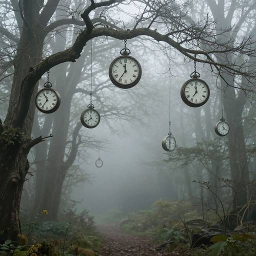 Surreal Clocks in Misty Forest