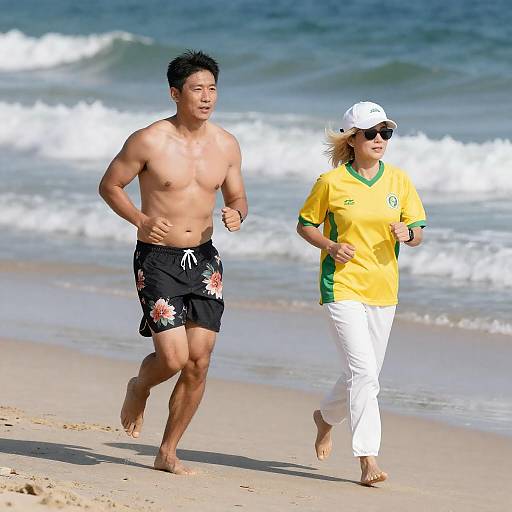 Couple Running Along Sunny Shoreline