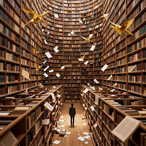 Photograph: Grand library with towering bookshelves, books flying, golden birds soaring, and a solitary figure walking down the aisle. Warm, inviting