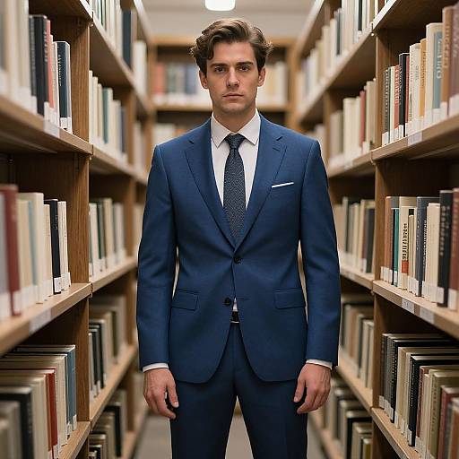 Photograph of a handsome man with wavy brown hair, wearing a dark blue suit, white shirt, and black tie, standing in a library aisle