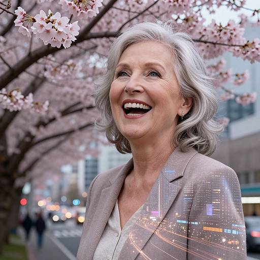 Photograph of smiling elderly woman with silver hair, wearing a light gray blazer, standing under blooming cherry blossoms in an urban setting with city