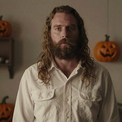 Man with Long Hair and Beard in Halloween Setting
