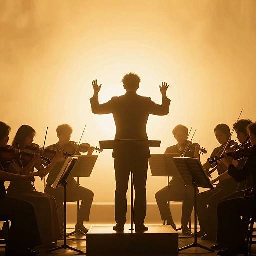 Photograph of a conductor in silhouette, standing with raised hands, surrounded by orchestra members playing instruments, against a bright, glowing orange-yellow background.