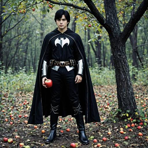 Man in Black Halloween Costume Holding Apple in Forest
