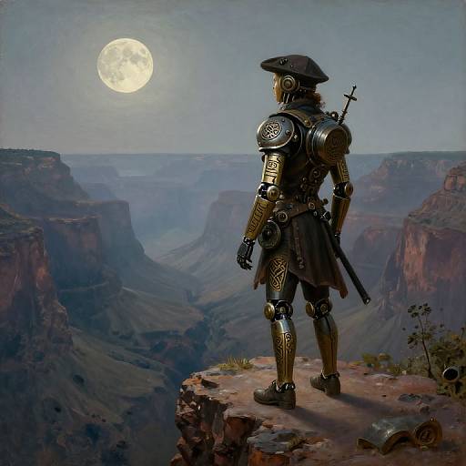 Digital art: Robotic knight in detailed armor stands on Grand Canyon cliff, overlooking full moon, cross on back, vast canyon below.
