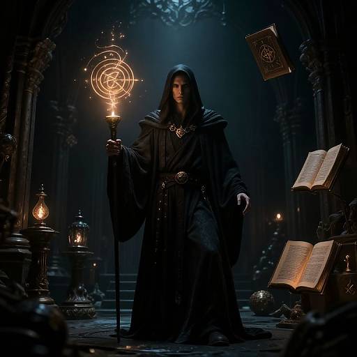 Mysterious dark-robed wizard with glowing magical orb and staff in dimly lit, gothic cathedral, surrounded by open books and lanterns.