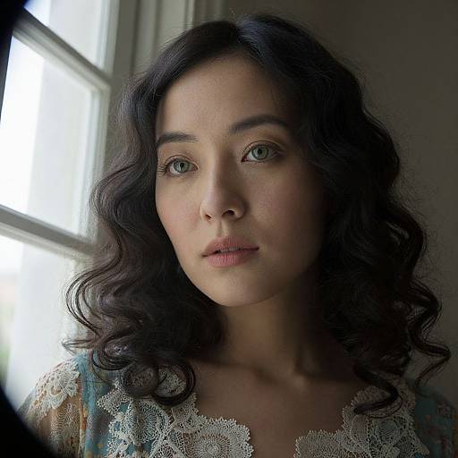 Photograph of a young woman with wavy dark brown hair, light skin, blue eyes, and lace-trimmed blouse, standing in front of