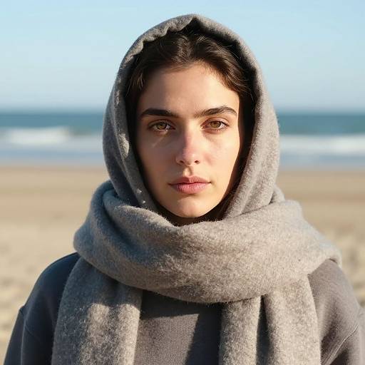 Photograph of a young woman with fair skin and dark brown hair, wearing a gray hoodie and matching scarf, standing on a sandy beach with a blurred
