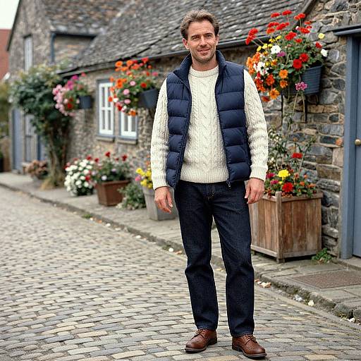 Photograph of a smiling middle-aged man with short brown hair, wearing a white sweater, navy puffer vest, and dark jeans, standing on a