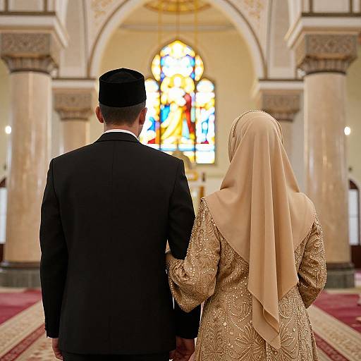 Photograph of a couple in a mosque, man in black suit and cap, woman in gold embroidered hijab, facing stained glass window.