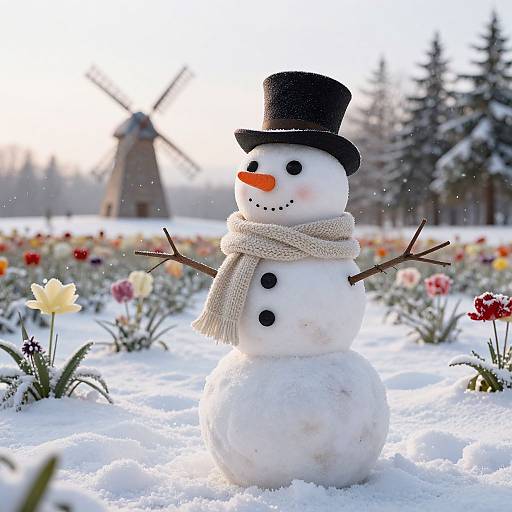 Photograph of a cheerful snowman with black top hat, orange carrot nose, black buttons, and beige scarf, standing in a snowy garden with colorful