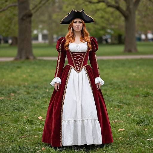 Photograph of a fair-skinned woman with long red hair wearing a black tricorn hat, red velvet and white lace 18th-century dress,