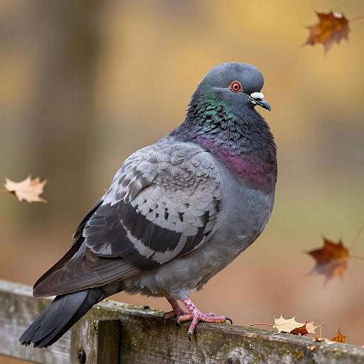 Photograph of a colorful pigeon with iridescent green, purple, and gray feathers, standing on a wooden fence amidst autumn leaves.