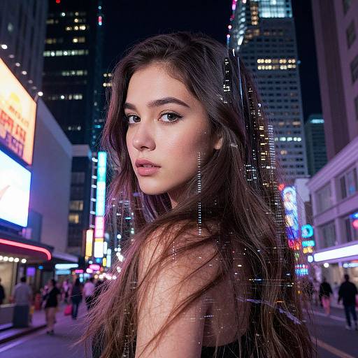 Photograph of a young woman with long brown hair in a busy, neon-lit city street at night, looking over her shoulder with a serious expression