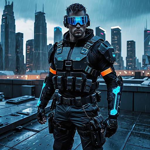 Futuristic Male Cyborg Mercenary on Rainy Rooftop