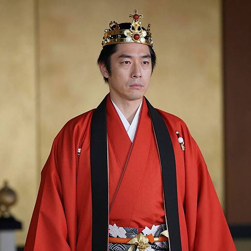 Photograph of an East Asian man in a red kimono with black sash, wearing a gold ornate crown, standing against a yellowish background
