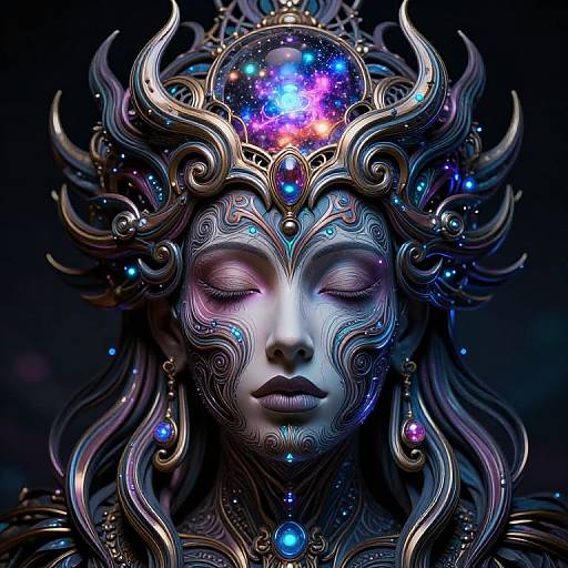 Digital fantasy art of a serene, mask-like face with closed eyes, adorned with intricate, swirling metallic headpiece and cosmic gemstones.