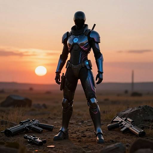 Photograph of a silhouetted, futuristic armored soldier standing in a desert at sunset, with three guns on the ground. Orange sky, glowing