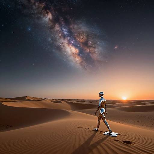 Photograph of a lone figure in white walking on a sand dune under a starry, Milky Way-lit sky at sunset.