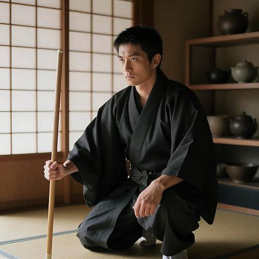 Traditional Crouching East Asian Man in Kimono